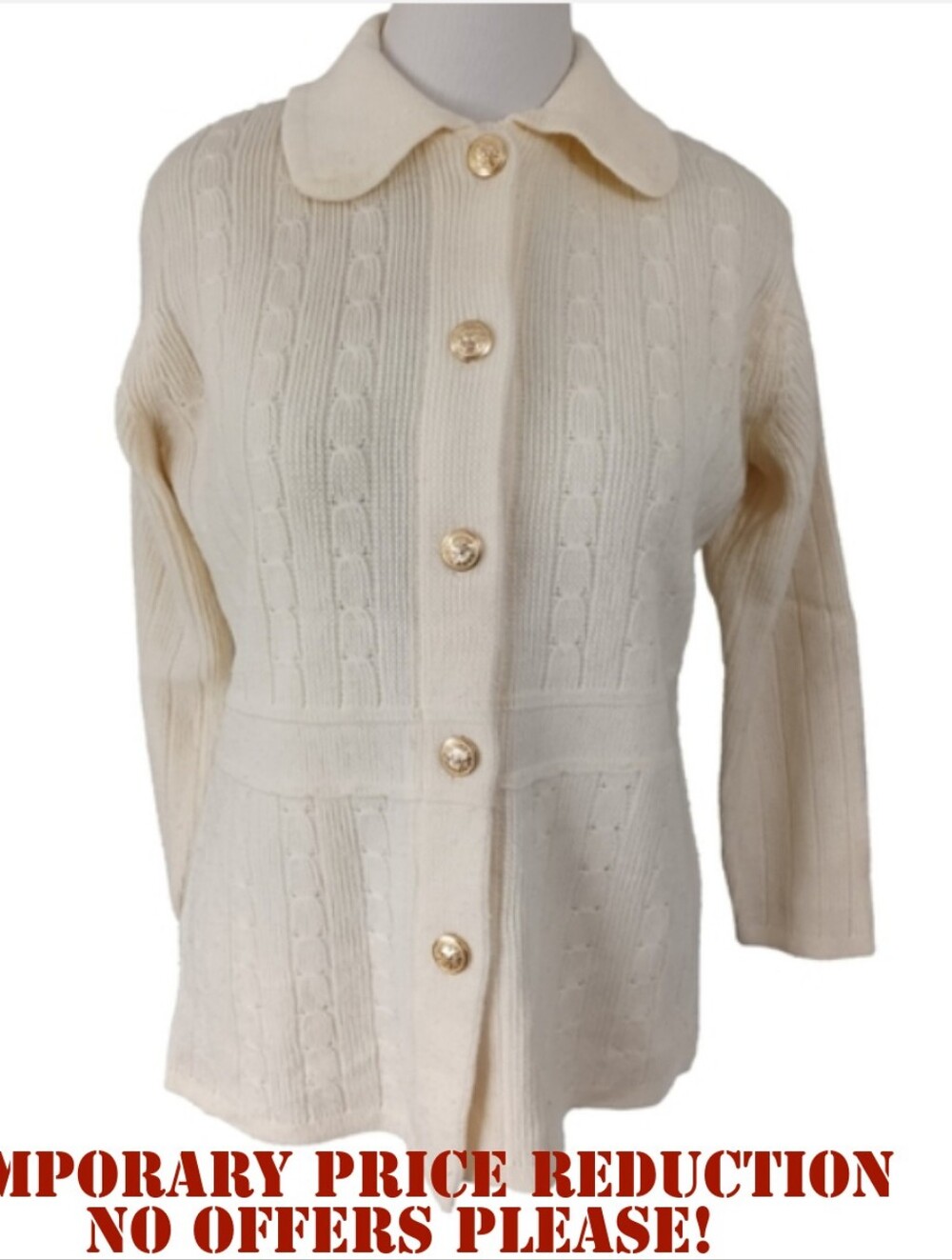 VINTAGE 60'S/70'S FULLY FASHIONED CABLE KNIT CARDIGAN SIZE M